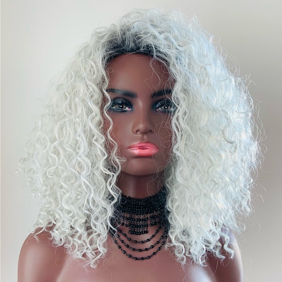 “Put On & Go” Ombre White Grey Premium Fiber Curly Wig for Daily Wear or Events - Picture 4 of 7
